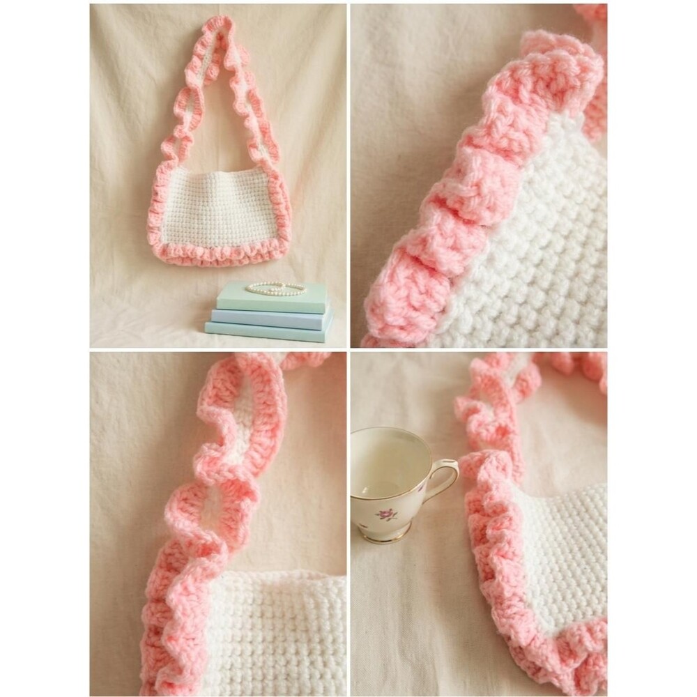 Handmade Crochet Ruffle Shoulder Bag | Pink & White